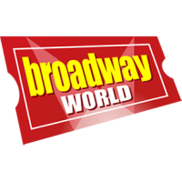 Logo of Broadway World magazine. Shaped like a theater ticket with the silhouette of spotlights in the background, the words "broadway" and "world" in block text on two separate lines